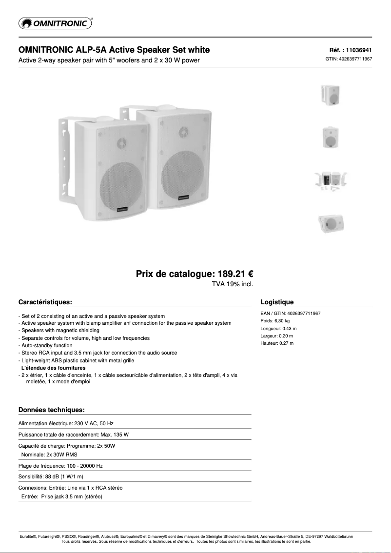 Page 1 de la notice Fiche technique Omnitronic ALP-5A
