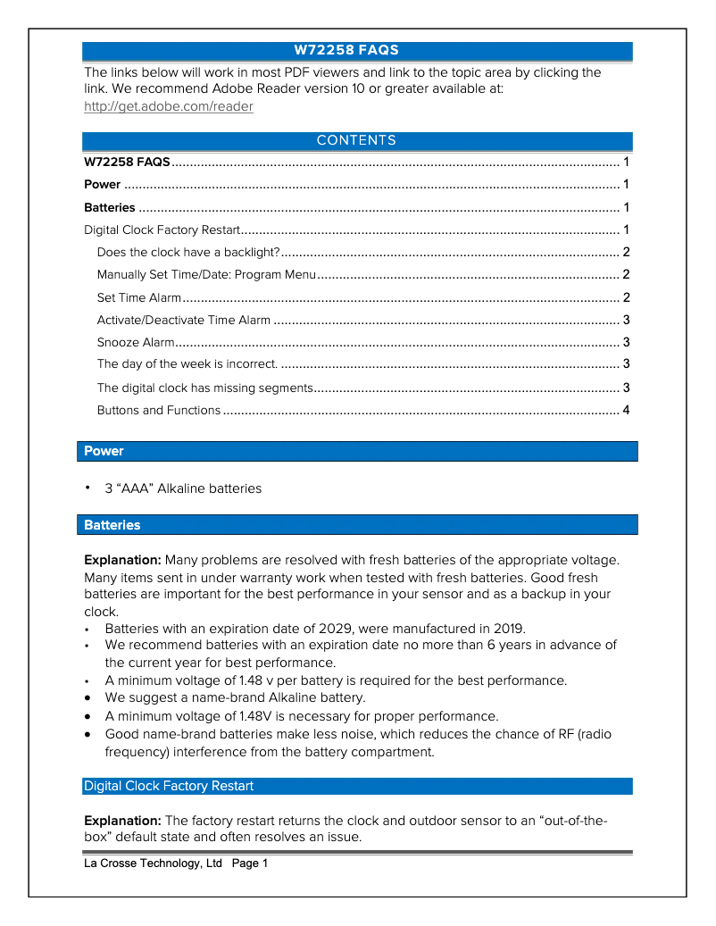 Page 1 de la notice FAQ La Crosse Technology W72258