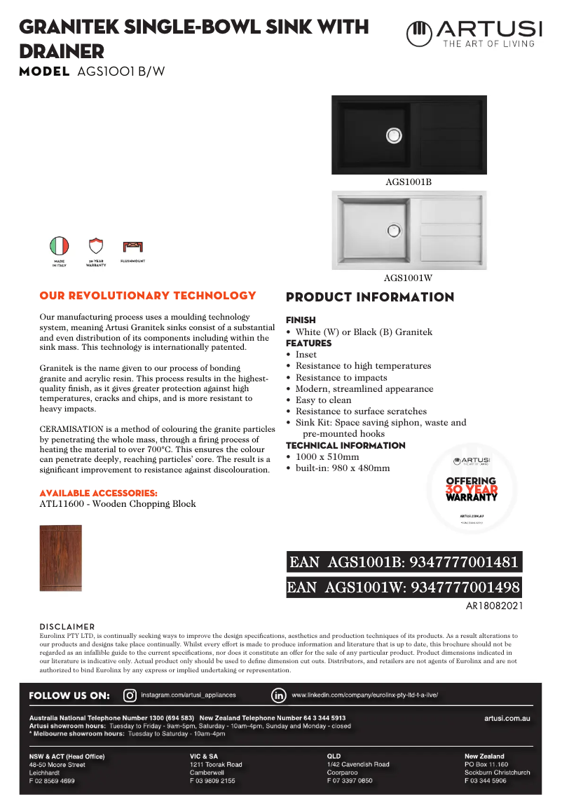 Página 1 del manual Ficha técnica Artusi AGS1001W