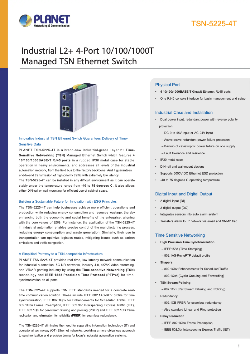 Page 1 de la notice Fiche technique Planet TSN-5225-4T
