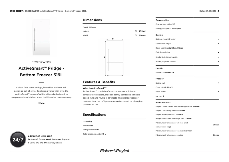 Page 1 de la notice Fiche technique Fisher & Paykel E522BRWFD5