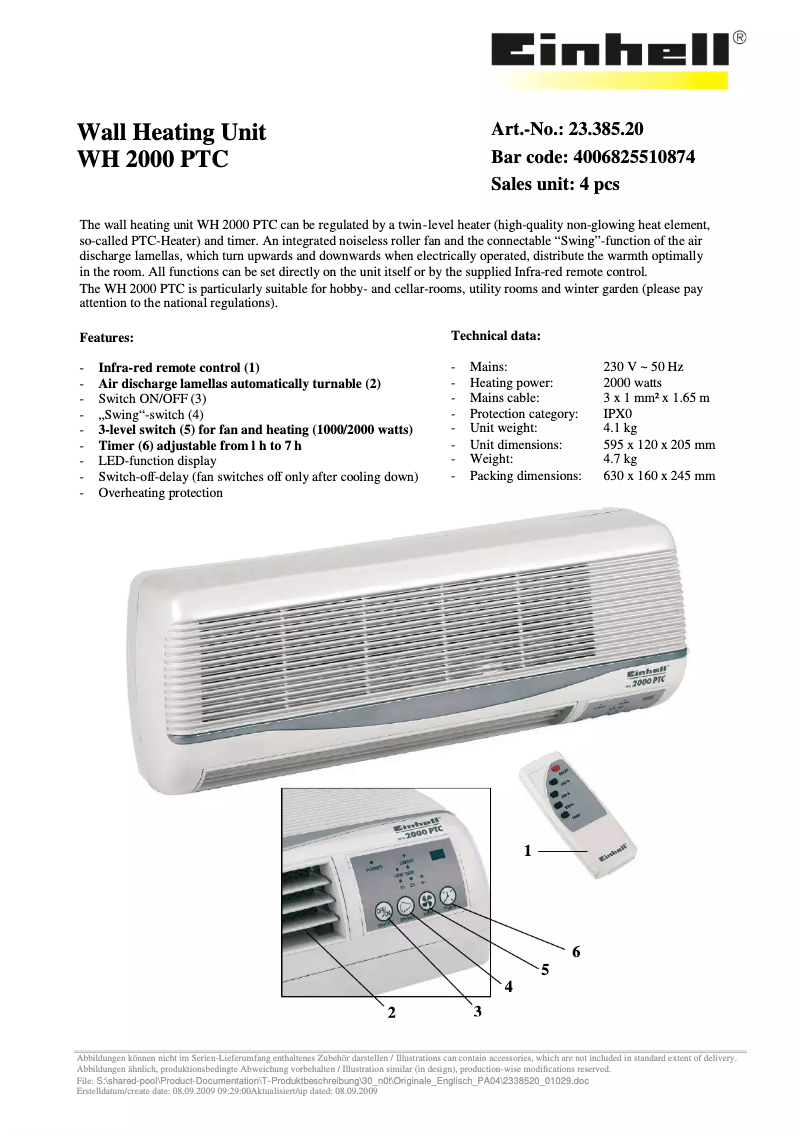 Page 1 de la notice Fiche technique Einhell WH 2000 PTC