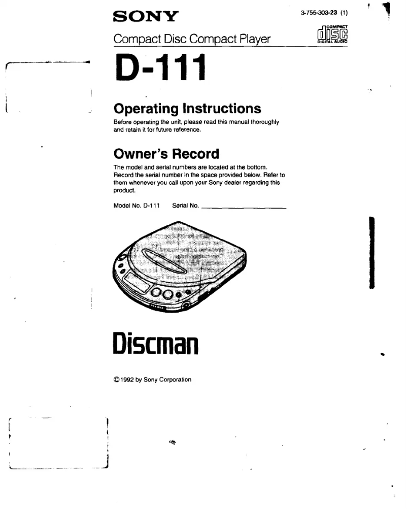 Image de la première page du manuel de l'appareil Discman D-111