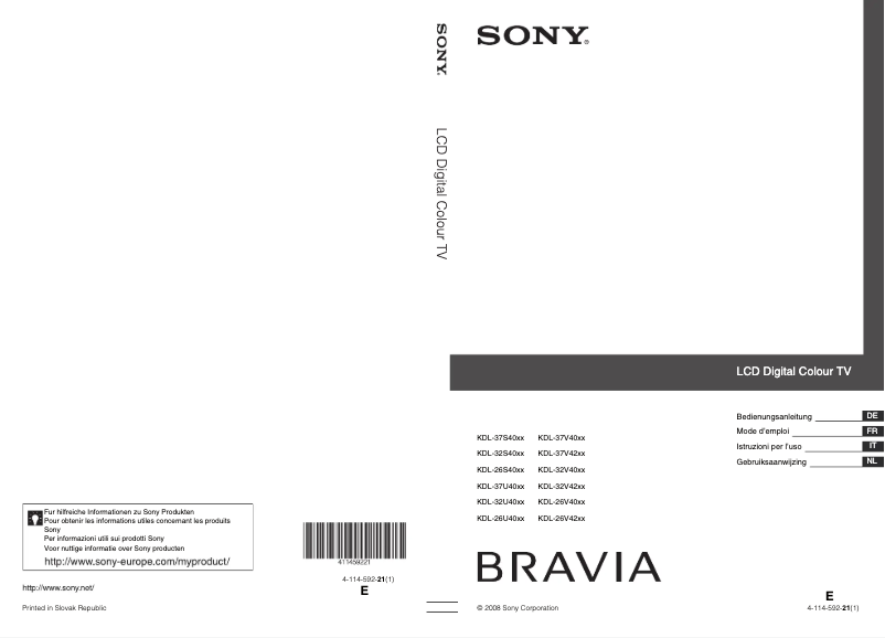 Page 1 de la notice Manuel utilisateur Sony Bravia KDL-26V4000