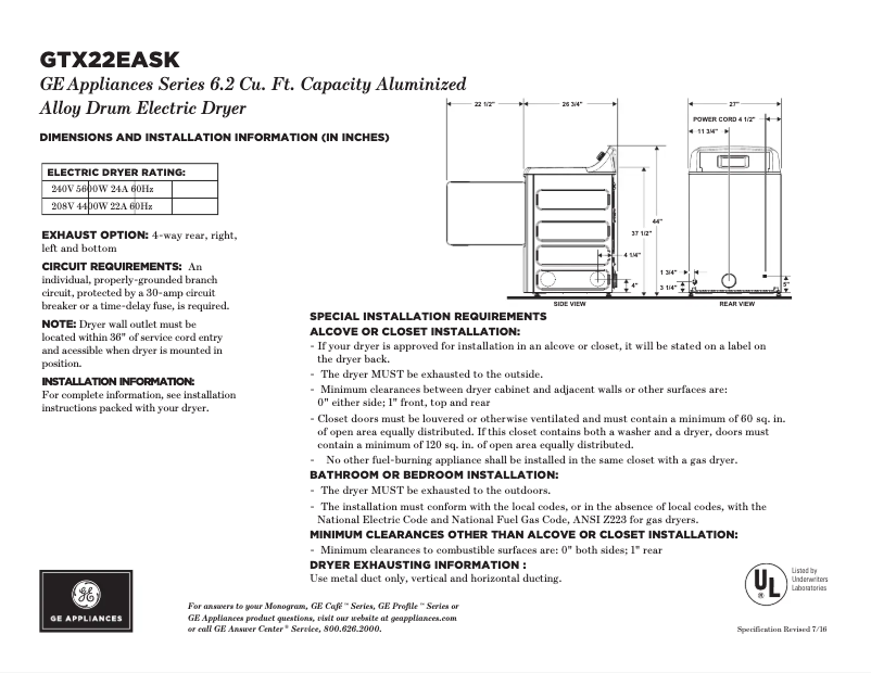 Page 1 de la notice Fiche technique GE GTX22EASKWW