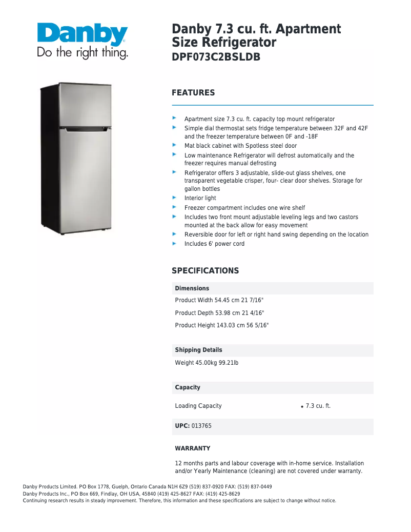 Page n°1 - Fiche technique Danby DPF073C2BSLDB