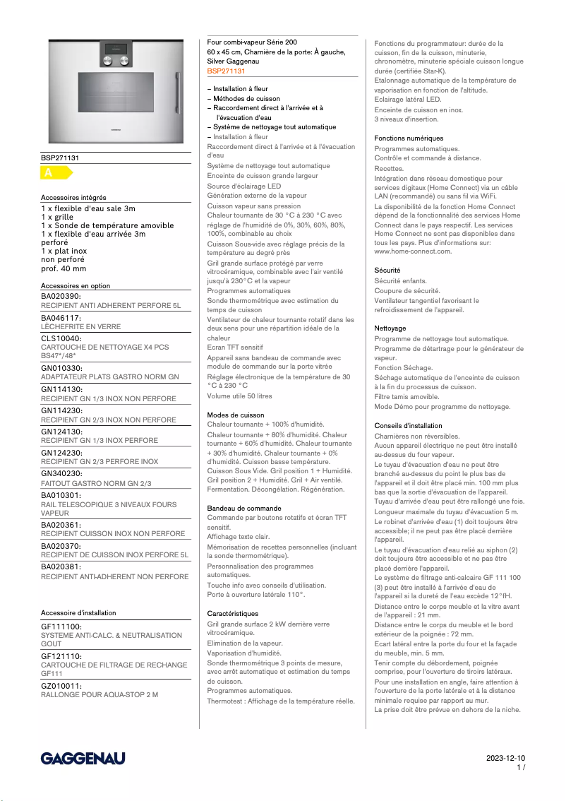 Página 1 del manual Ficha técnica Gaggenau BSP271131
