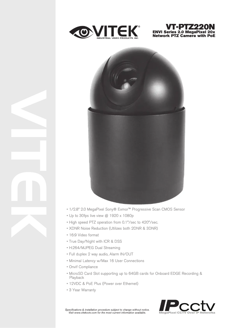 Page 1 of the manual User Manual Vitek VT-PTZ220NP