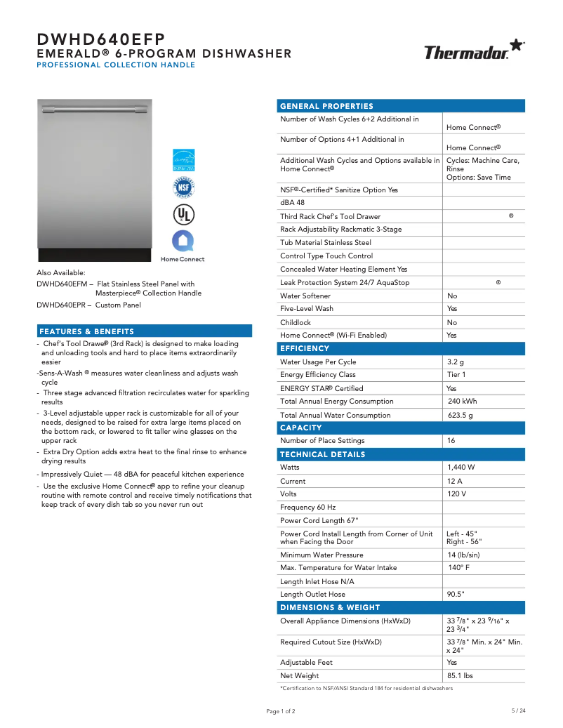 Page 1 de la notice Fiche technique Thermador DWHD640EFP