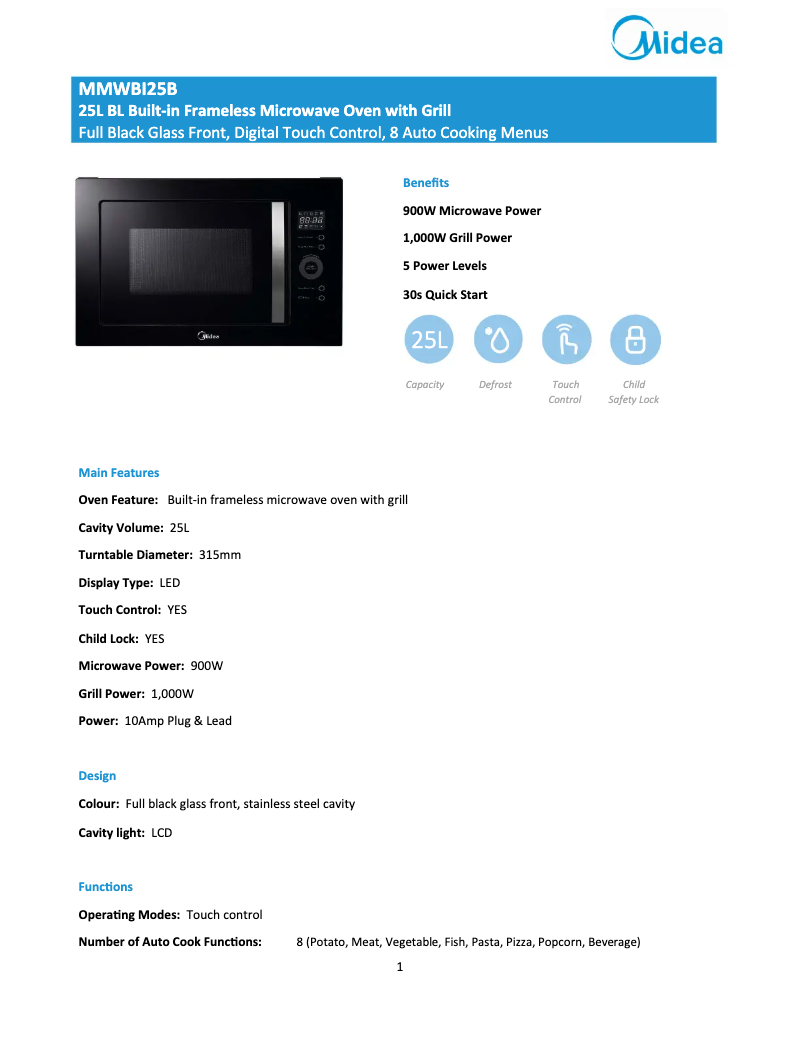 Page 1 de la notice Fiche technique Midea MMWBI25B
