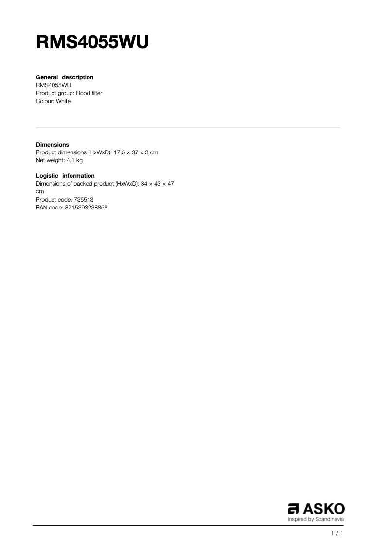 Page 1 de la notice Manuel utilisateur Asko RMS4055WU