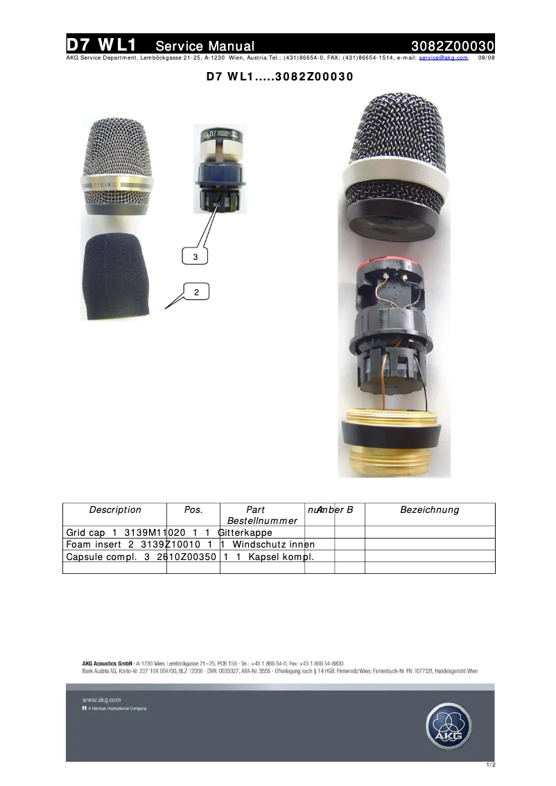 Page 1 de la notice Manuel utilisateur AKG D7 WL1