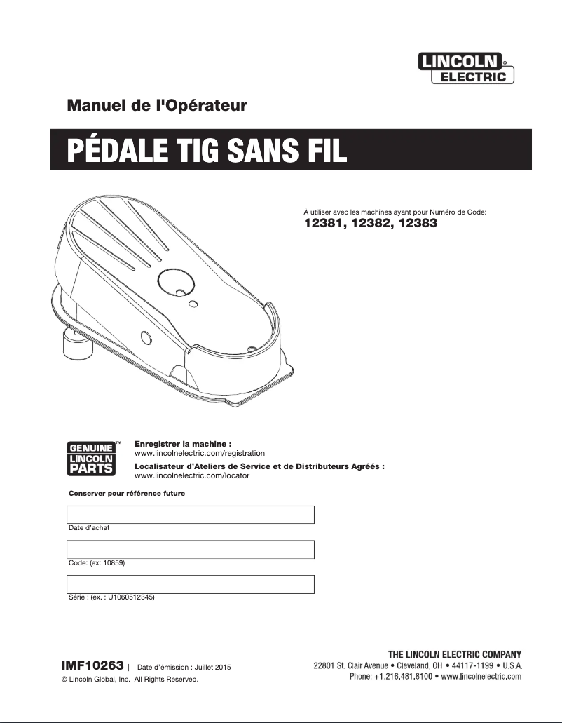 Page 1 de la notice Manuel utilisateur Lincoln Electric Wireless Tig Foot Pedal