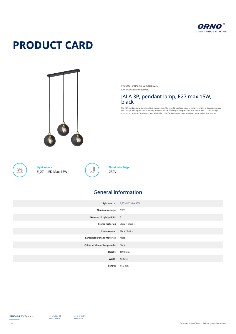 Page 1 de la notice Fiche technique Adviti AD-LD-6226BE27M