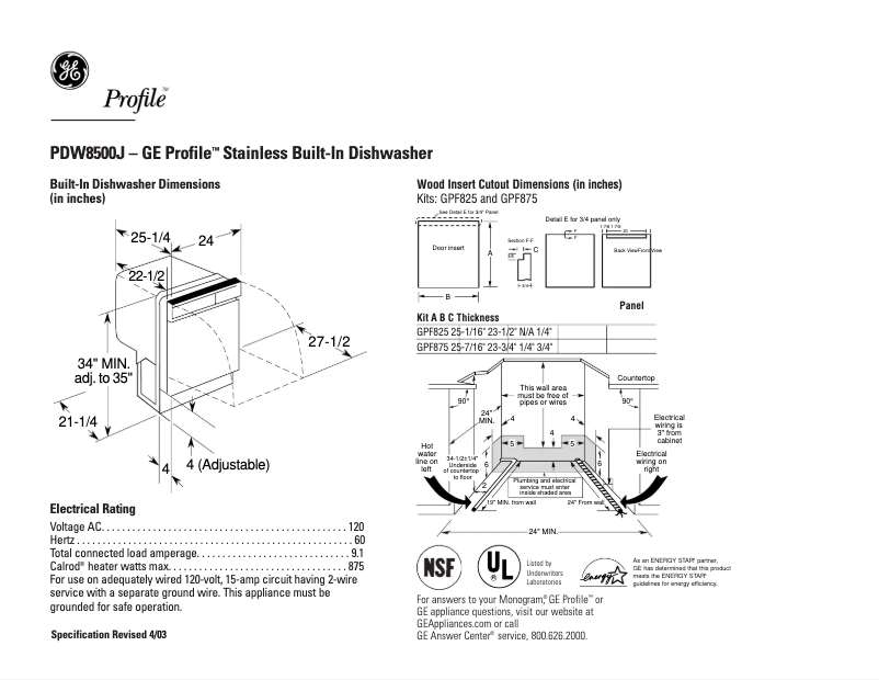 Página 1 del manual Ficha técnica GE Profile PDW8500JWW