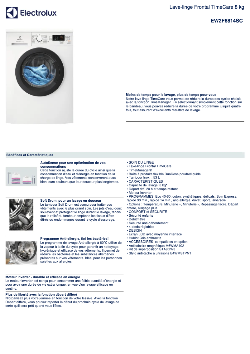 Page 1 de la notice Fiche technique Electrolux EW2F6814SC