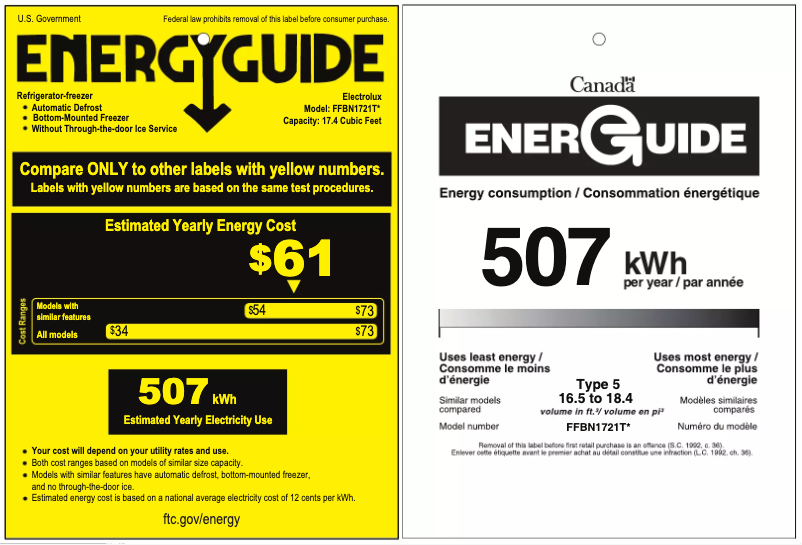 Page n°1 - Label énergétique Frigidaire FFBN1721TV