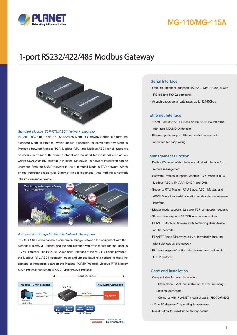 Page 1 de la notice Fiche technique Planet MG-110