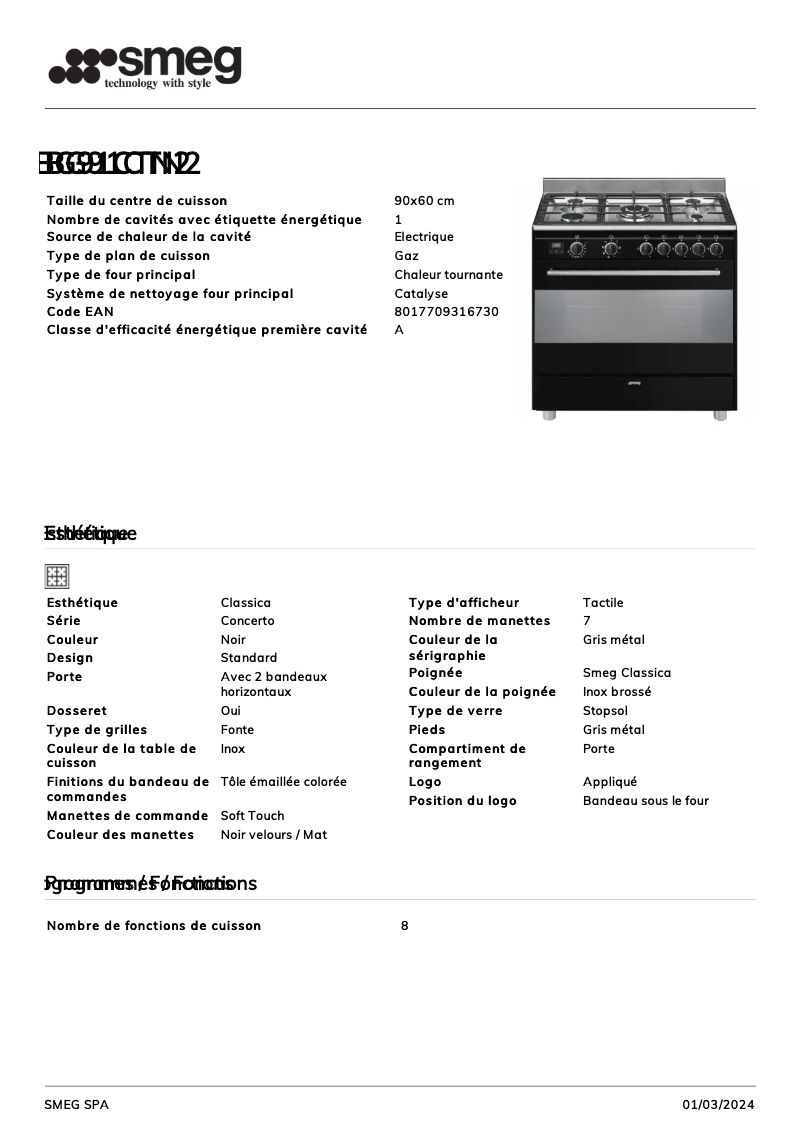 Page 1 de la notice Fiche technique Smeg BG91CTN2
