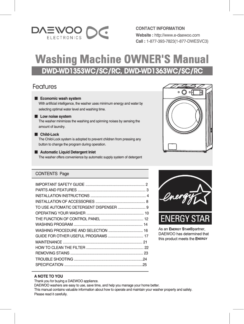 Page n°1 - Manuel utilisateur Daewoo DWD-WD1353RC