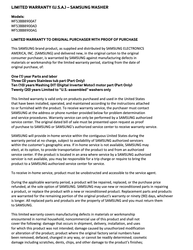 Page 1 de la notice Informations de garantie Samsung WF53BB8900AG