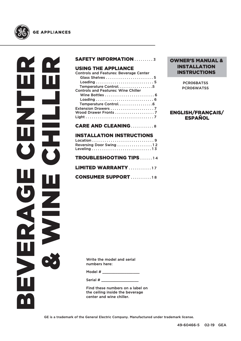 Page 1 of the manual Use and Maintenance Manual GE Profile PCR06WATSS