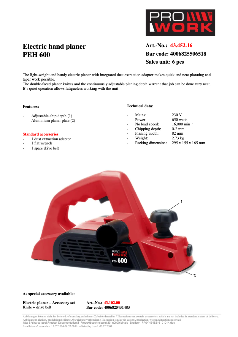 Page 1 de la notice Fiche technique Prowork PEH 600
