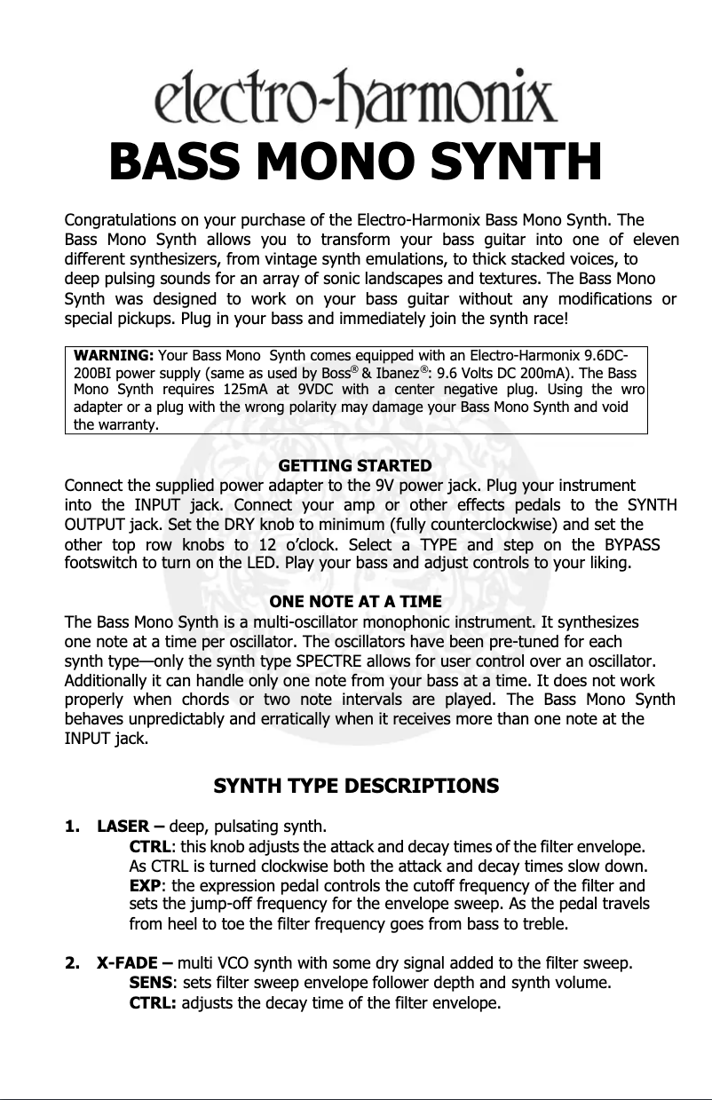 Page 1 de la notice Manuel utilisateur Electro Harmonix Bass Mono Synth