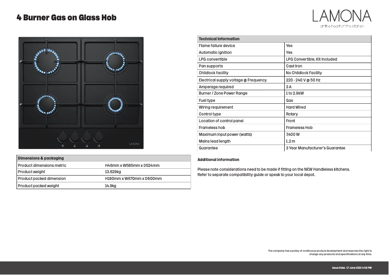 Page n°1 - Fiche technique Lamona LAM1501