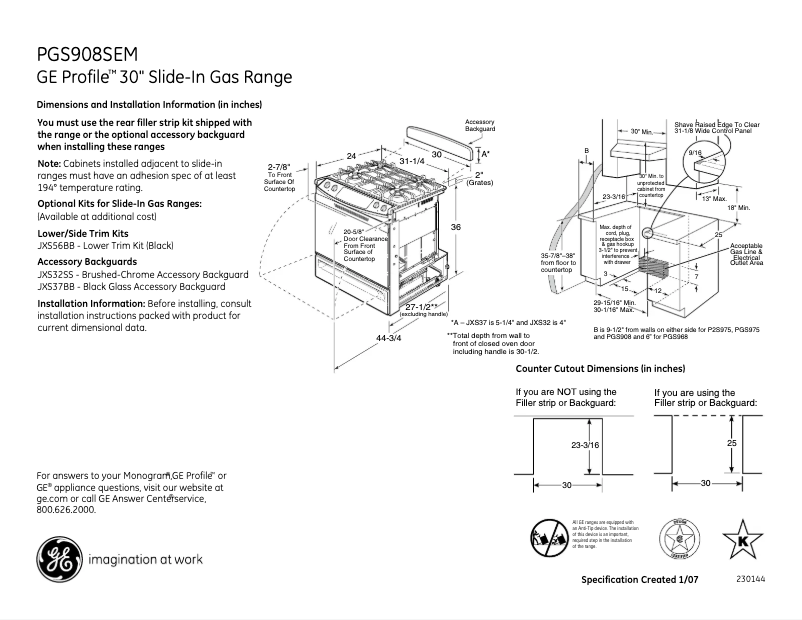 Page 1 of the manual Technical Sheet GE Profile PGS908SEMSS