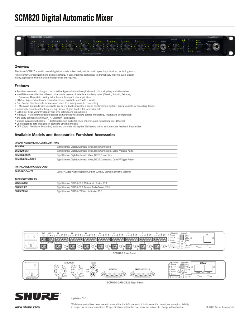 Page 1 de la notice Fiche technique Shure SCM820