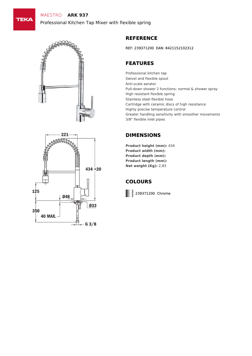 Page 1 de la notice Fiche technique Teka ARK 937