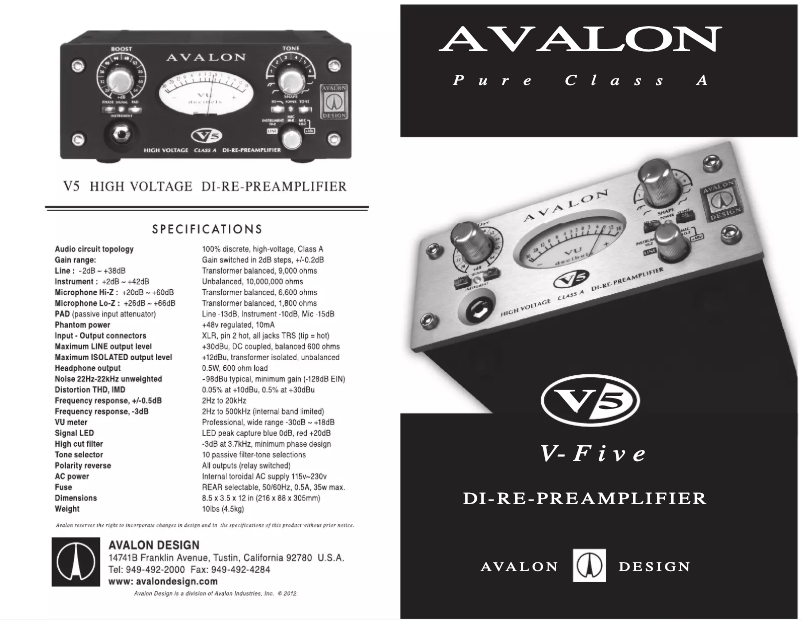 Page 1 de la notice Manuel utilisateur Avalon V5