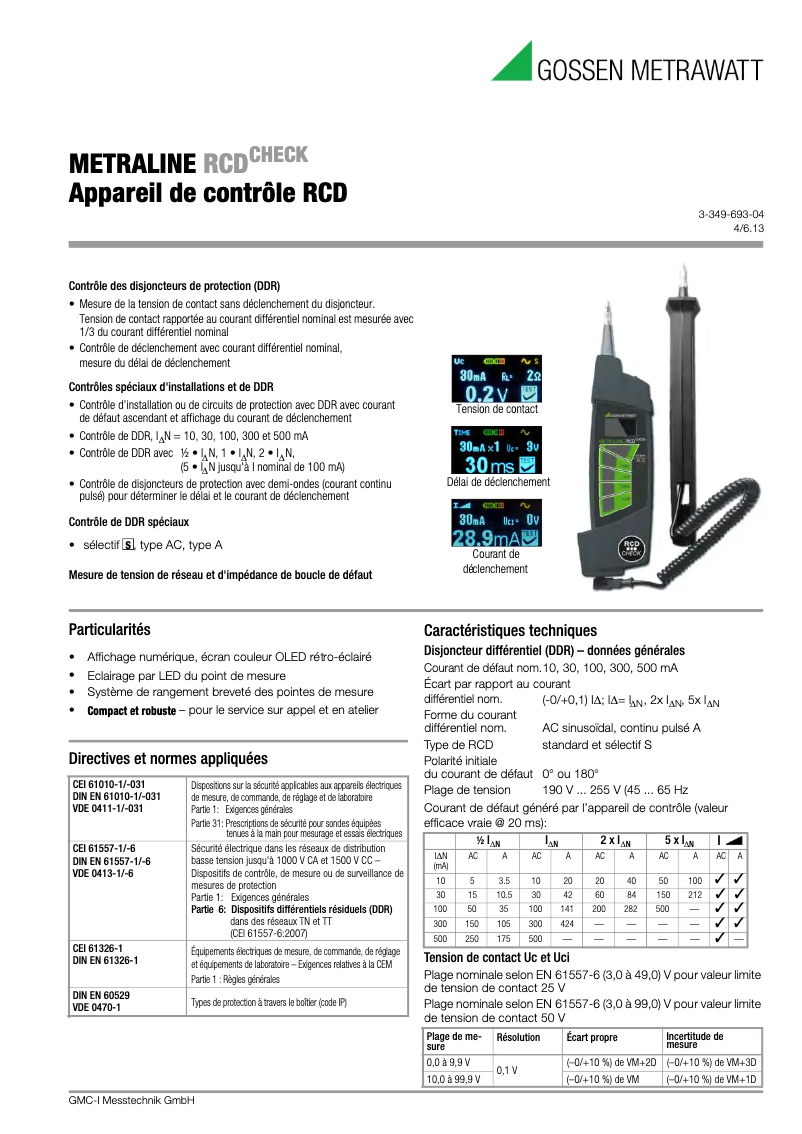 Page 1 de la notice Fiche technique Gossen Metrawatt METRALINE RCDCHECK