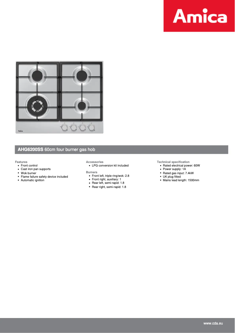 Page n°1 - Fiche technique Amica AHG6200SS
