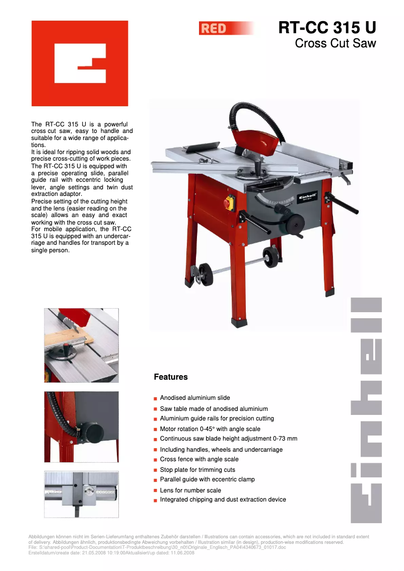 Page 1 de la notice Fiche technique Einhell RT-CC 315 U