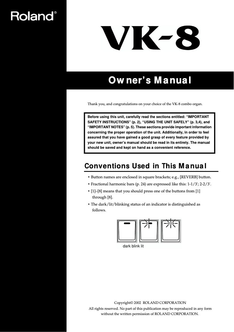 Page n°1 - Manuel utilisateur Roland VK-8