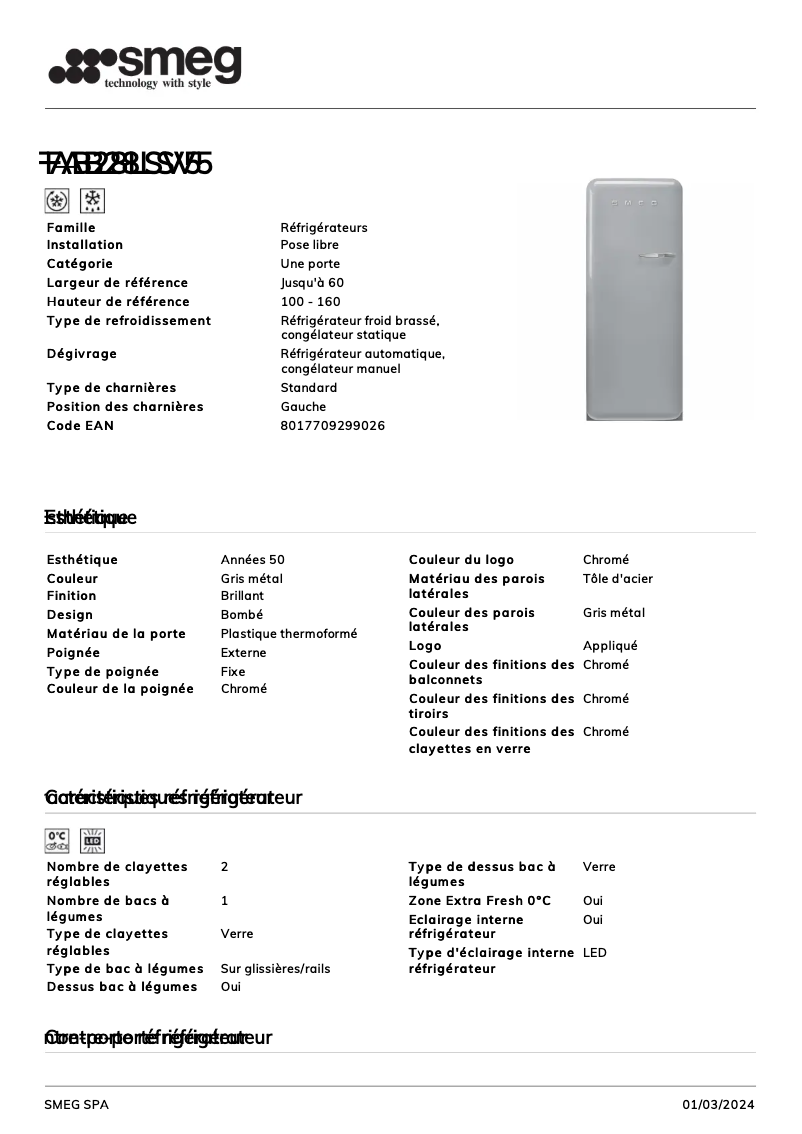 Page 1 de la notice Fiche technique Smeg FAB28LSV5