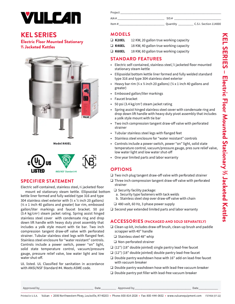 Page 1 de la notice Fiche technique Vulcan K60EL