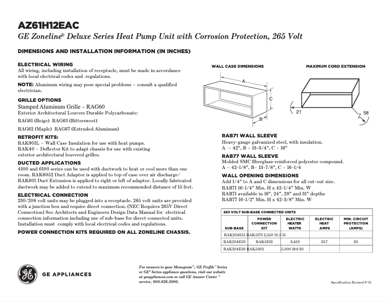 Page n°1 - Fiche technique GE AZ61H12EAC