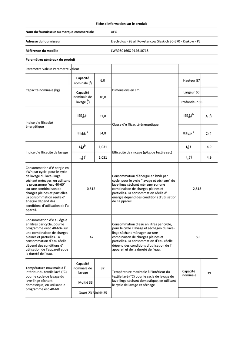 Page 1 de la notice Fiche technique AEG LWR98C166X