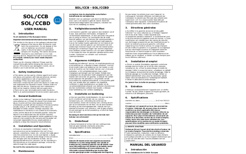 Page 1 de la notice Manuel utilisateur Velleman SOL/CCBD