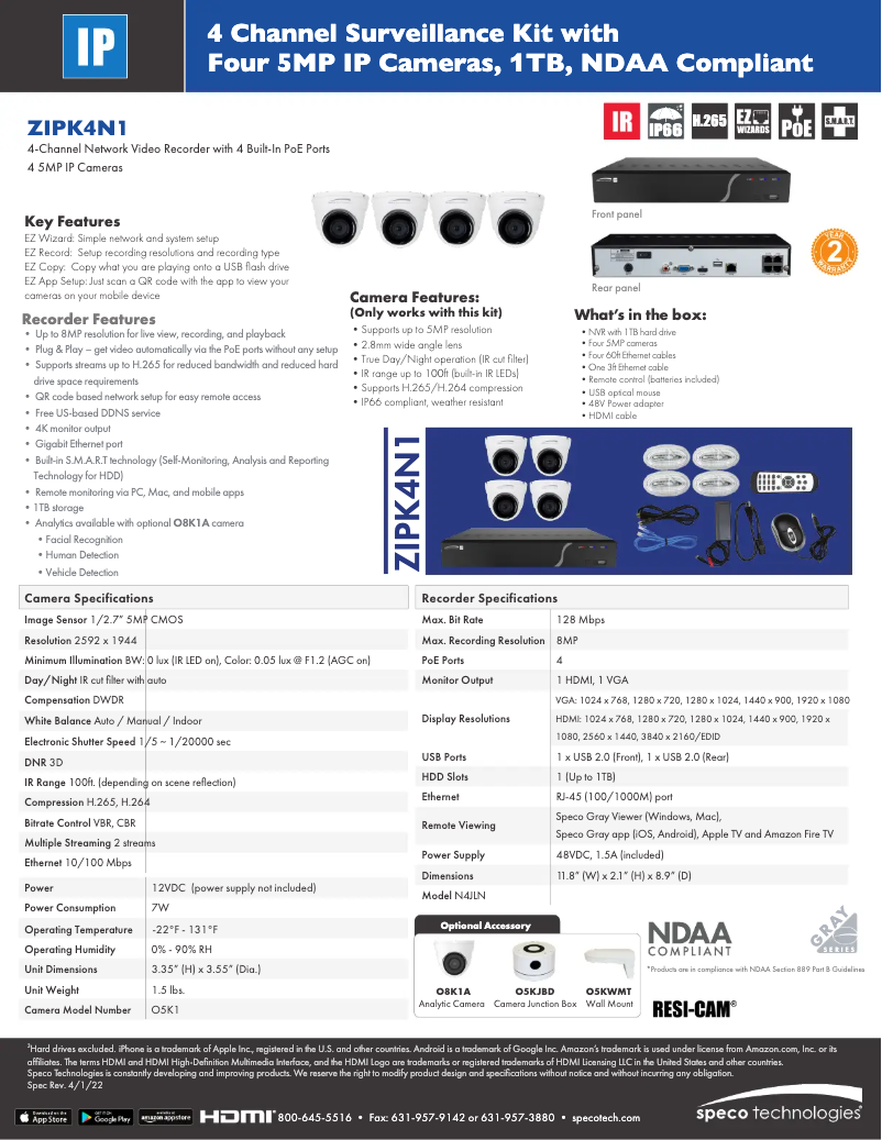 Page 1 de la notice Fiche technique Speco Technologies ZIPK4N1