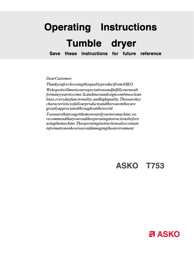 Page 1 de la notice Manuel utilisateur Asko T753