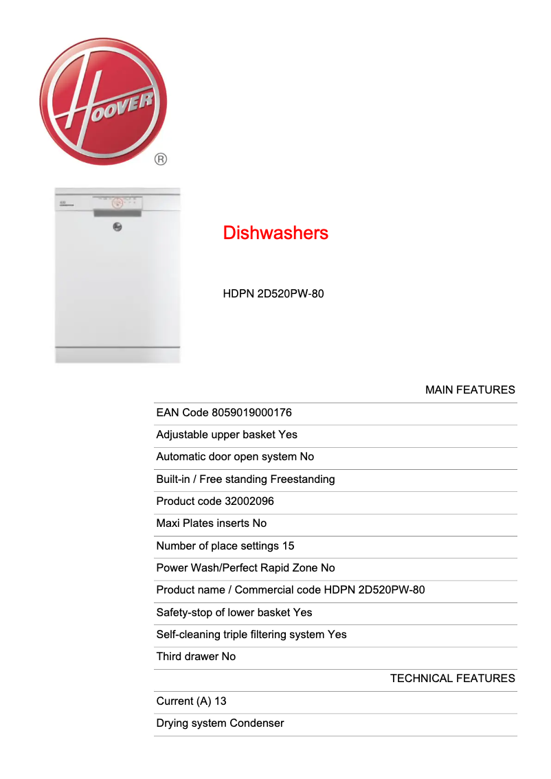 Page 1 de la notice Fiche technique Hoover HDPN 2D520PW-80