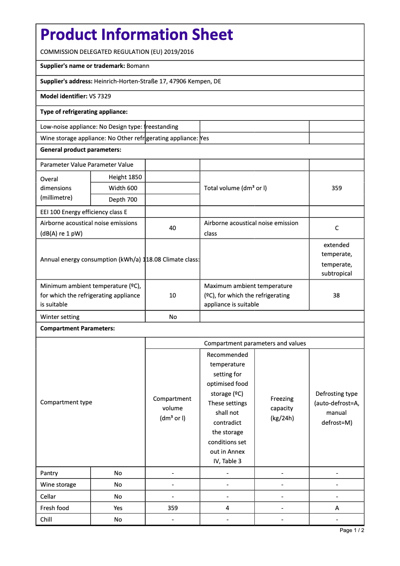 Page 1 de la notice Fiche technique Bomann VS 7329