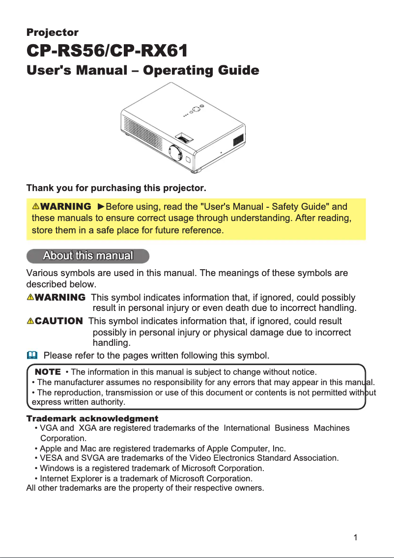 Page n°1 - Manuel utilisateur Hitachi CP-RX61