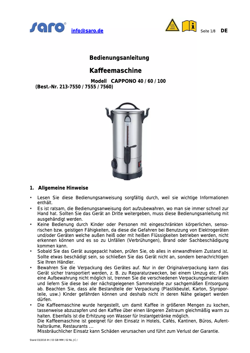 Page 1 de la notice Manuel utilisateur Saro Cappono 60