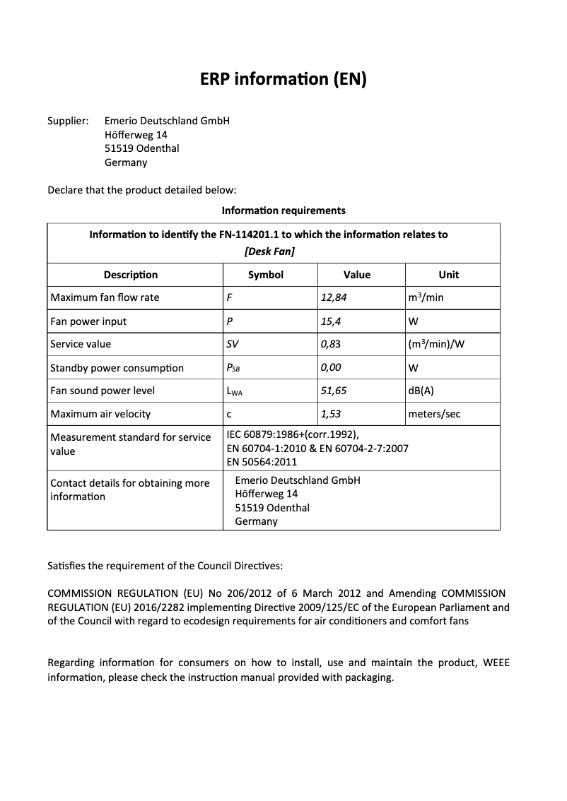 Page 1 de la notice Fiche technique Emerio FN-114201.1