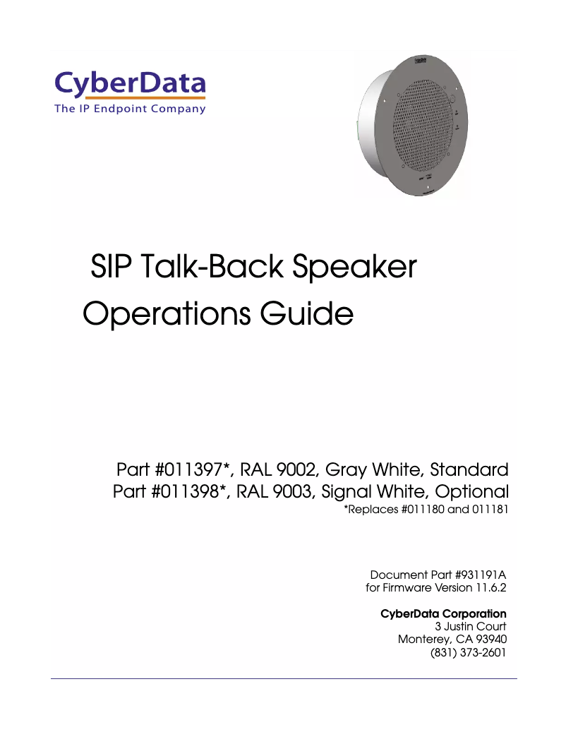 Page n°1 - Manuel utilisateur CyberData Systems SIP 011398